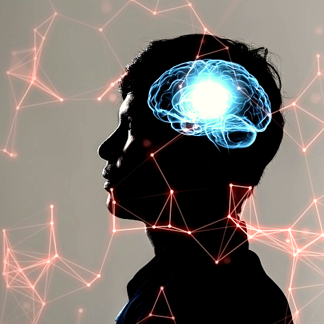 Viele rote miteinander verbundene Punkte bilden ein Netzwerk. Sie umschwirren die Silhouette eines Kopfes. Im Kopf leuchten die Synapsen blau auf.