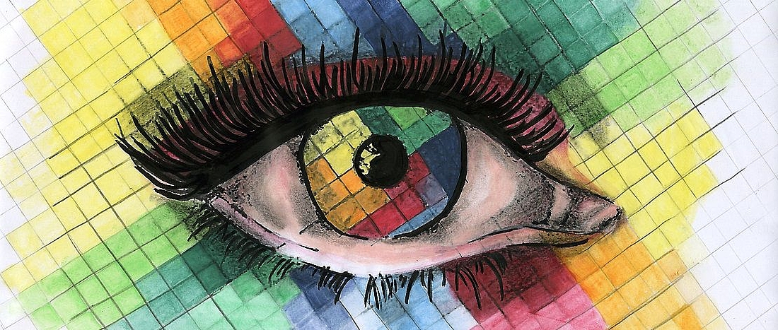 Ein handgezeichnetes Auge: Die Iris und die Haut um das Auge bestehen aus vielen, kleinen Quadraten in verschiedenen Farben.