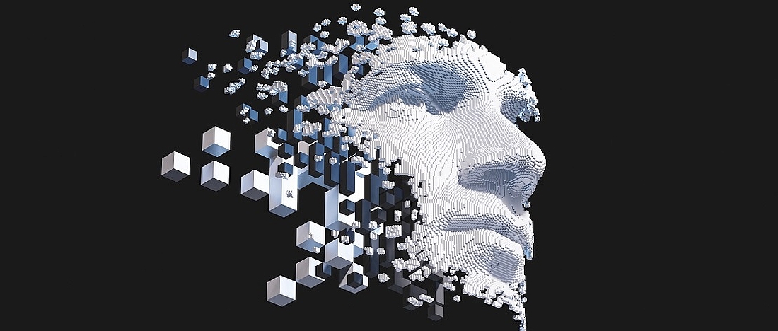 Viele Bildpixel oder kleine Würfel setzen sich zu einem menschlichen Gesicht zusammen.