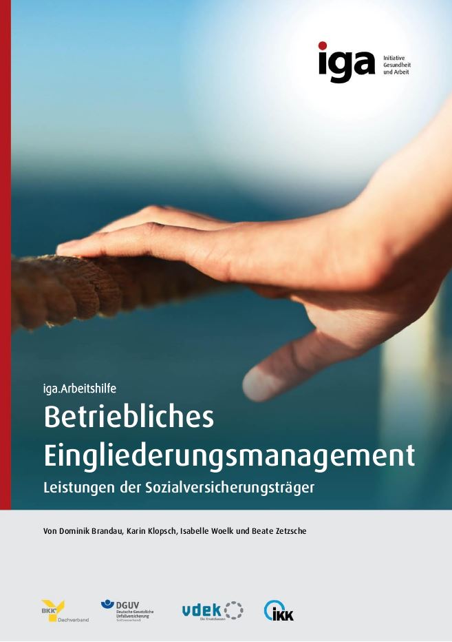 Titelbild der iga.Arbeitshilfe "Betriebliches Eingliederungsmanagement". Eine Hand liegt auf einem Handlauf.