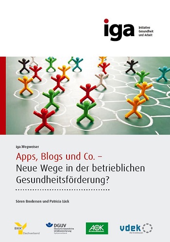 Titelbild des iga.Wegweisers Apps, Blogs und Co.: Viele bunte Plastikfiguren stehen auf einer Tafel und sind über Striche auf Tafelkreide miteinander verbunden. Sie bilden ein soziales Netzwerk.