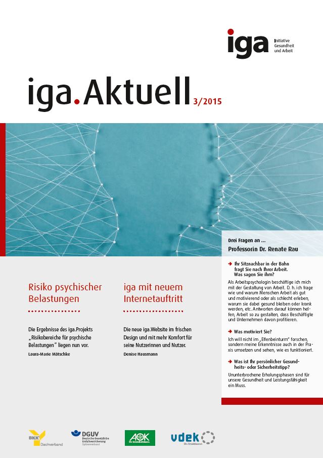 Titelbild der iga.Aktuell 3/2015: Stecknadeln formen das seitliche Profil eines menschlichen Kopfes. An diesem Kopf ziehen Fäden in verschiedene Richtungen.