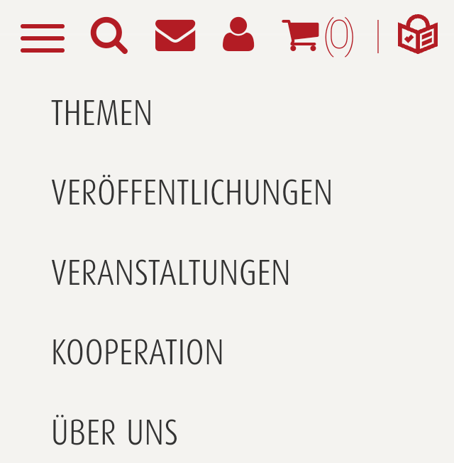 Menü aufgeklappt mit den Überschriften: Themen, Veröffentlichungen, Veranstaltungen, Kooperation und Über Uns.