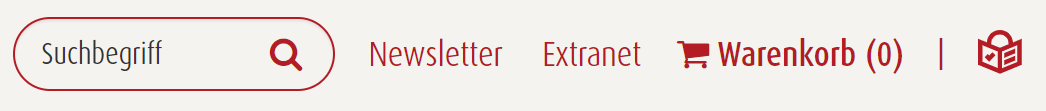 Menü ganz oben mit Suchbegriff, Newsletter, Extranet, Warenkorb und Symbol Leichte Sprache