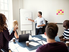 Fünf Personen halten einen Workshop sich in einem Besprechungsraum ab. Ein Mann steht am Flipchart und moderiert.
